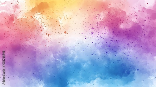 an abstract watercolor painting featuring a blend of vibrant colors. The top portion has shades of yellow and orange, transitioning into pink and purple hues in the middle