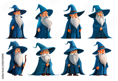 Wizard set. Magician cartoon characters, sorcerer with beard fantasy hat robe magic old man character witchcraft costume elderly male warlock vector illustration