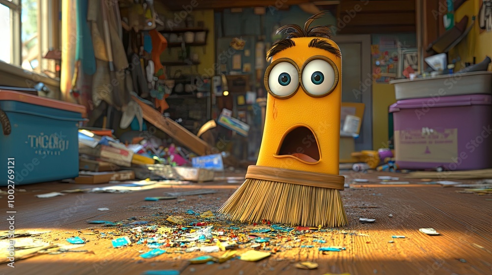 Fototapeta premium Shocked cartoon broom with wide eyes, surprised by a mess on the floor, standing in a cluttered room.