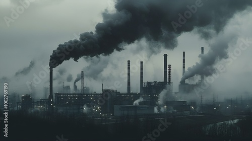 Industrial smog billows from factory chimneys, polluting the air and contributing to global warming