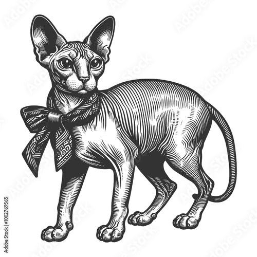 sphynx cat wearing a decorative bow tie, showcasing its unique, hairless appearance sketch engraving generative ai vector illustration. Scratch board imitation. Black and white image.