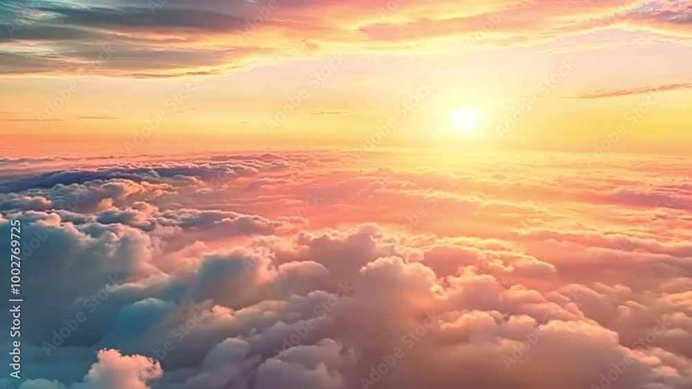 Above the clouds sunrise panoama. Pastel sunrise over tranquil cloud formation.