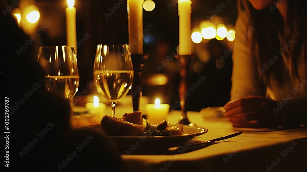 Naklejka premium Couple having a candlelit dinner at a restaurant, romantic evening, soft lighting, gourmet food.