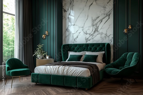 Luxury bedroom interior with a green bed with a green blanket and a marble wall. photo