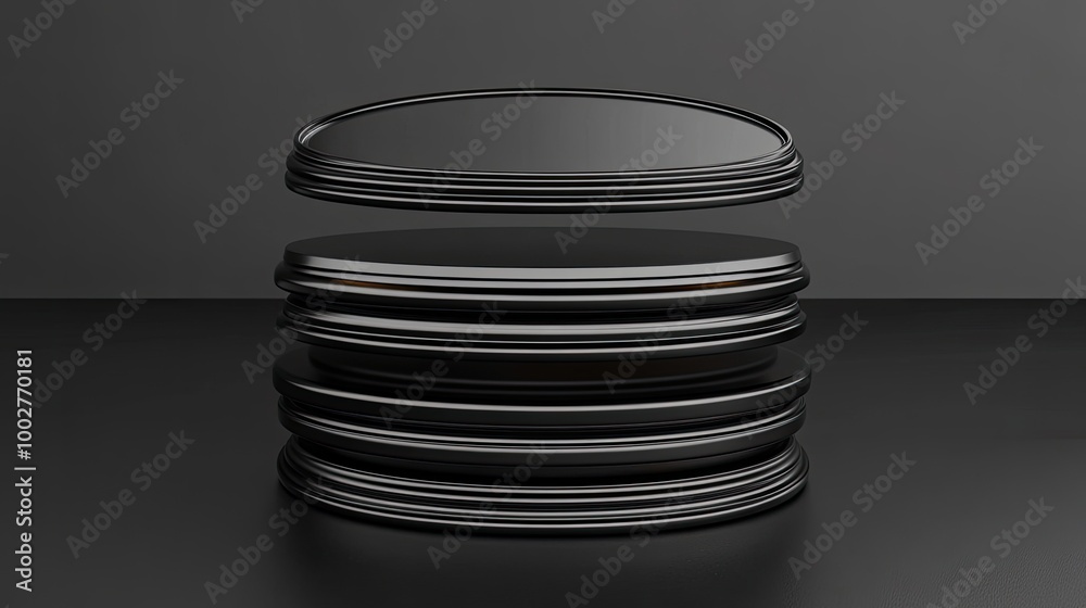 Obraz premium A sleek black podium illuminated by light waves creates a stunning backdrop for showcasing products. The design features intricate textures with a professional finish