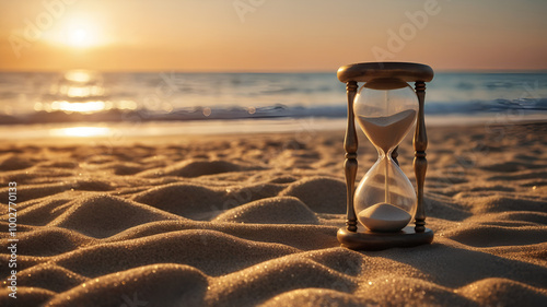 Hourglass on beach at sunset 