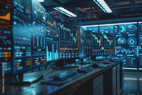 Wallpaper Mural A room full of computer screens displaying complex financial analysis and real-time stock charts. Torontodigital.ca