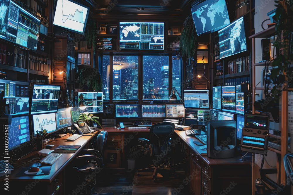A room full of computer screens displaying complex financial analysis and real-time stock charts. A room full of computer screens displaying complex financial analysis and real-time stock charts.
