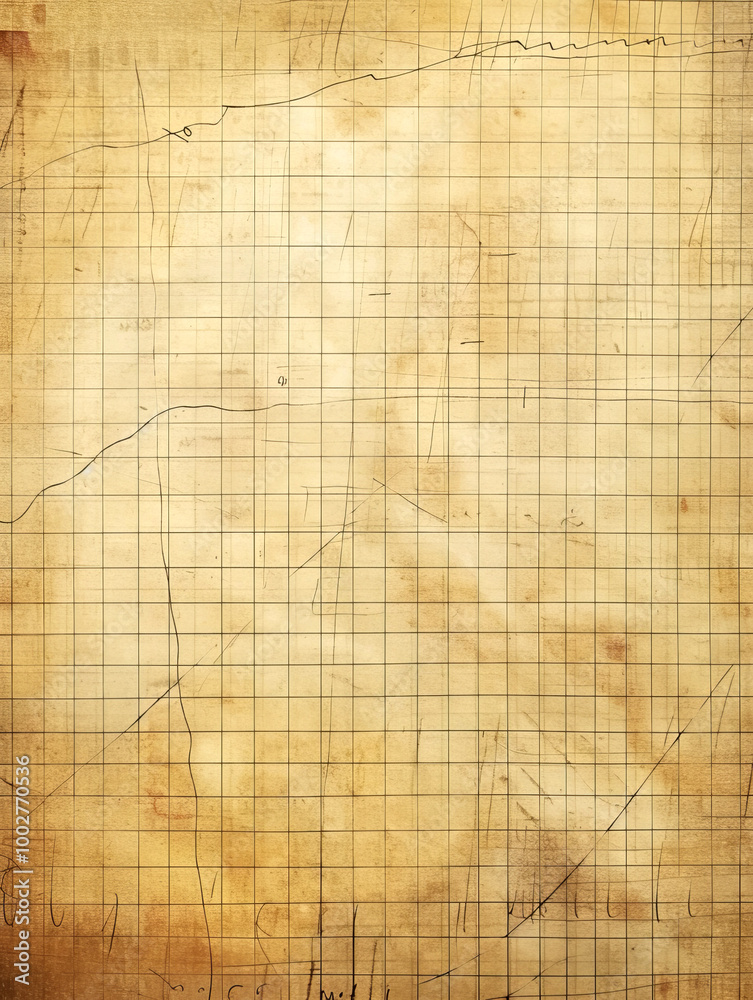 Fototapeta premium Beige graph paper texture with brown gridlines, creases, worn. Close-up