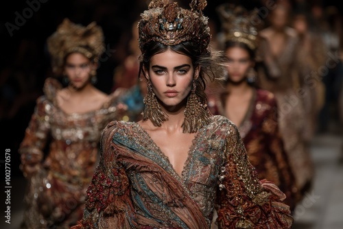 Models wear rich and regal fashion pieces infused with intricate designs and opulent textures, reflecting historical influences and luxurious craftsmanship.