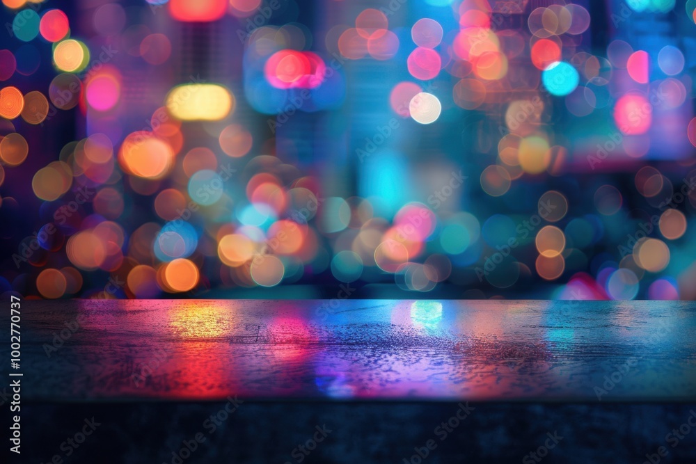 Rustic Wooden Table with Vibrant Bokeh City Lights: Perfect Nighttime Urban Backdrop for Design Rustic Wooden Table with Vibrant Bokeh City Lights: Perfect Nighttime Urban Backdrop for Design