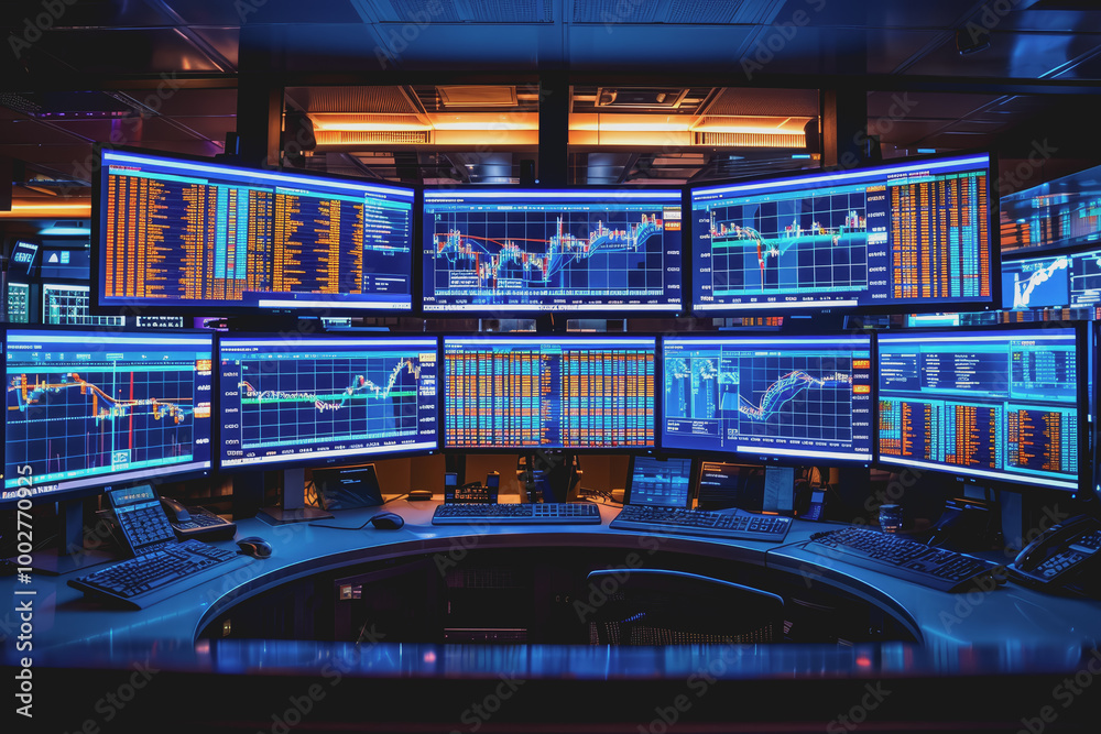 A room full of computer screens displaying complex financial analysis and real-time stock charts. A room full of computer screens displaying complex financial analysis and real-time stock charts.
