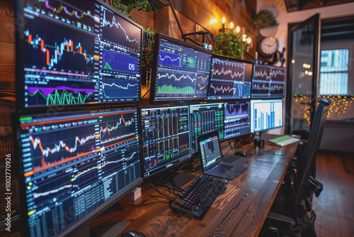 A room full of computer screens displaying complex financial analysis and real-time stock charts.