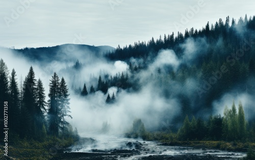 A serene river flows through a misty valley, embraced by towering evergreen trees