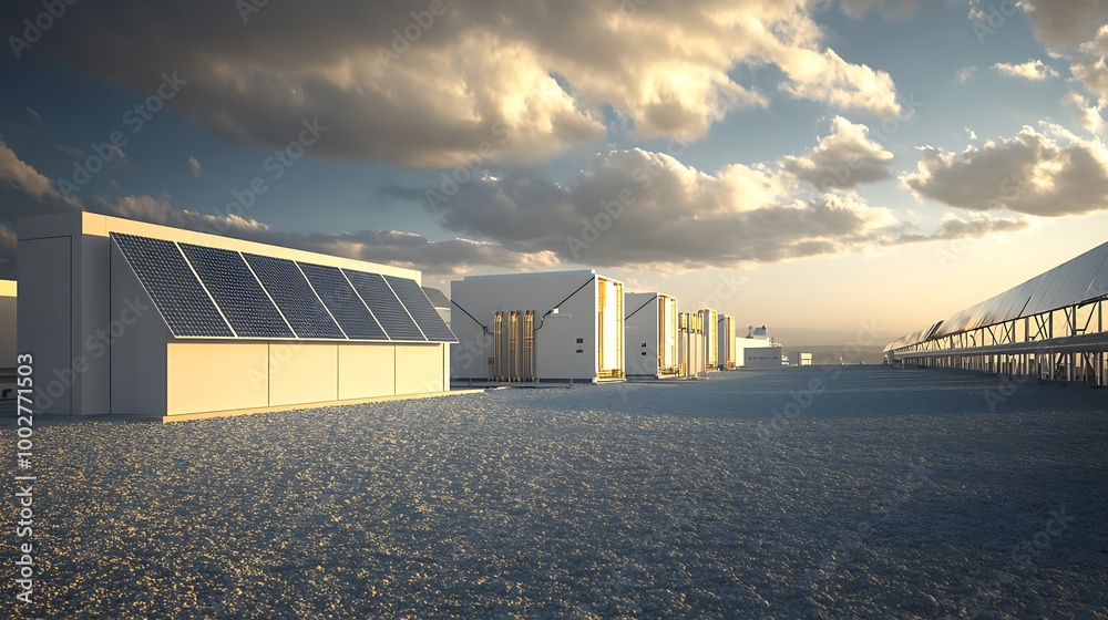 Fototapeta premium Solar Panel Array on a Rooftop at Sunset