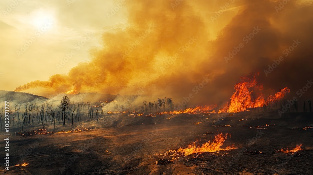 Wildfires consuming a scenic natural area, with smoke rising in the distance and barren land, providing ample space Wildfires consuming a scenic natural area, with smoke rising in the distance and barren land, providing ample space