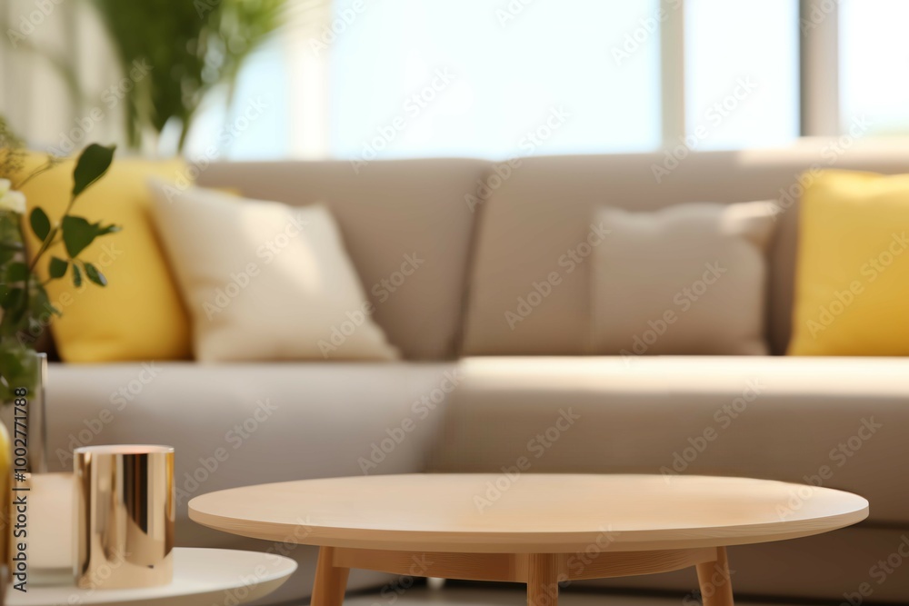 Fototapeta premium Cozy living room setting featuring a stylish coffee table, soft cushions, and a bright, welcoming atmosphere.