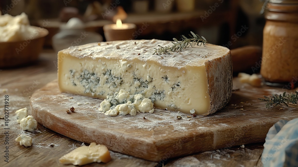 Close-up of a Creamy Blue Cheese on a Rustic Wooden Board Close-up of a Creamy Blue Cheese on a Rustic Wooden Board