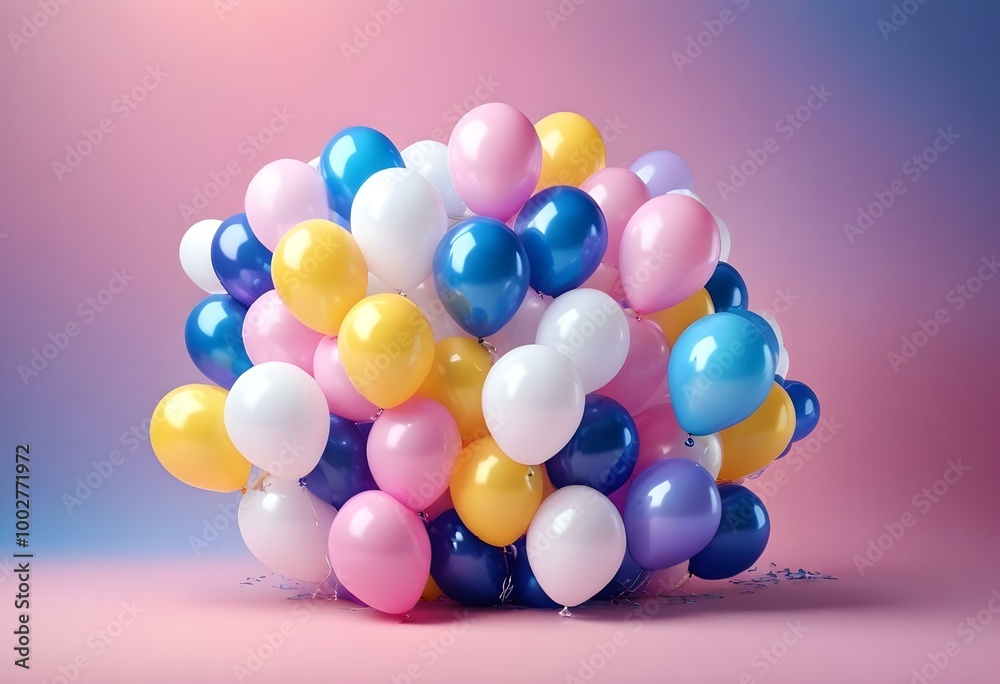 Colorful balloons in pink, blue, and white floating against a pink background Colorful balloons in pink, blue, and white floating against a pink background