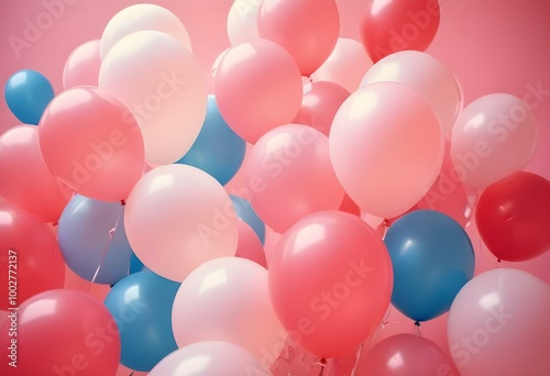 Colorful balloons in pink, blue, and white floating against a pink background