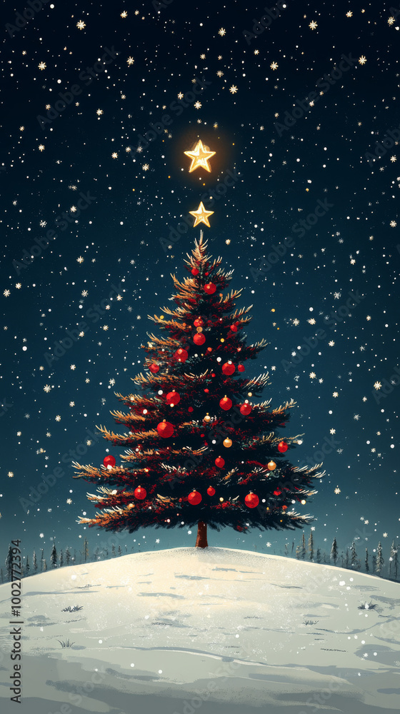 Obraz premium A snowy night with a beautifully decorated Christmas tree.
