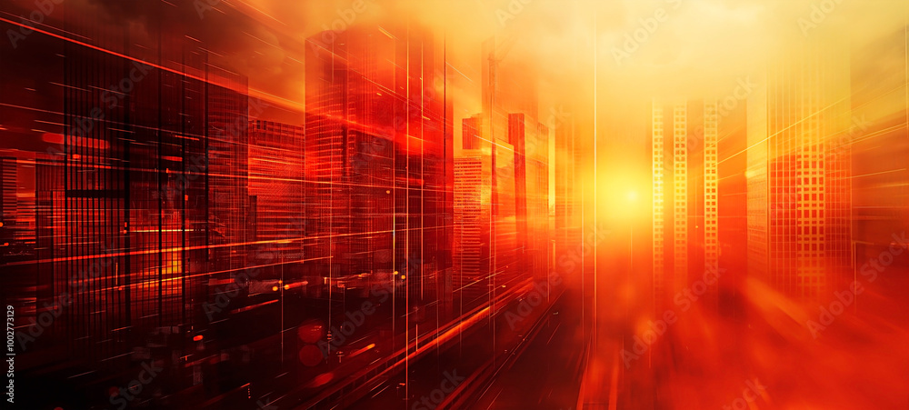 Futuristic cityscape glowing in vibrant red and orange hues for background in banner format. Futuristic cityscape glowing in vibrant red and orange hues for background in banner format.