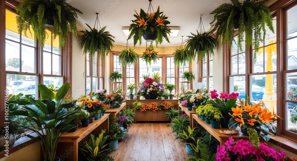 Cozy small town flower shop with large bay windows tropical plants displayed with hanging ferns and exotic blooms inside Cozy small town flower shop with large bay windows tropical plants displayed with hanging ferns and exotic blooms inside