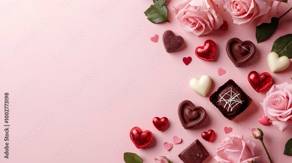Romantic Valentine's Day flat lay banner with roses,chocolates and heart-shaped