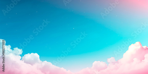 Dreamy sky with blue sky and soft pink clouds for background. Banner format.