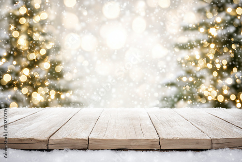 Empty Wooden Table Top with Warm Living Room Decor and Blurred Christmas Tree Lights – Holiday Backdrop