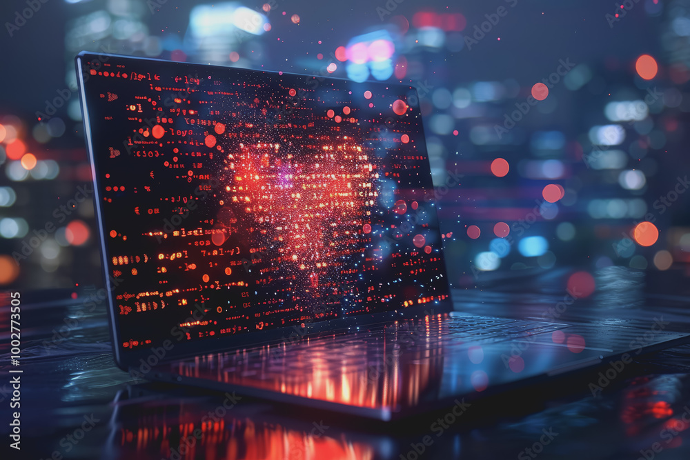 Obraz premium Laptop screen with binary code in heart shape going out of the screen, technological center.