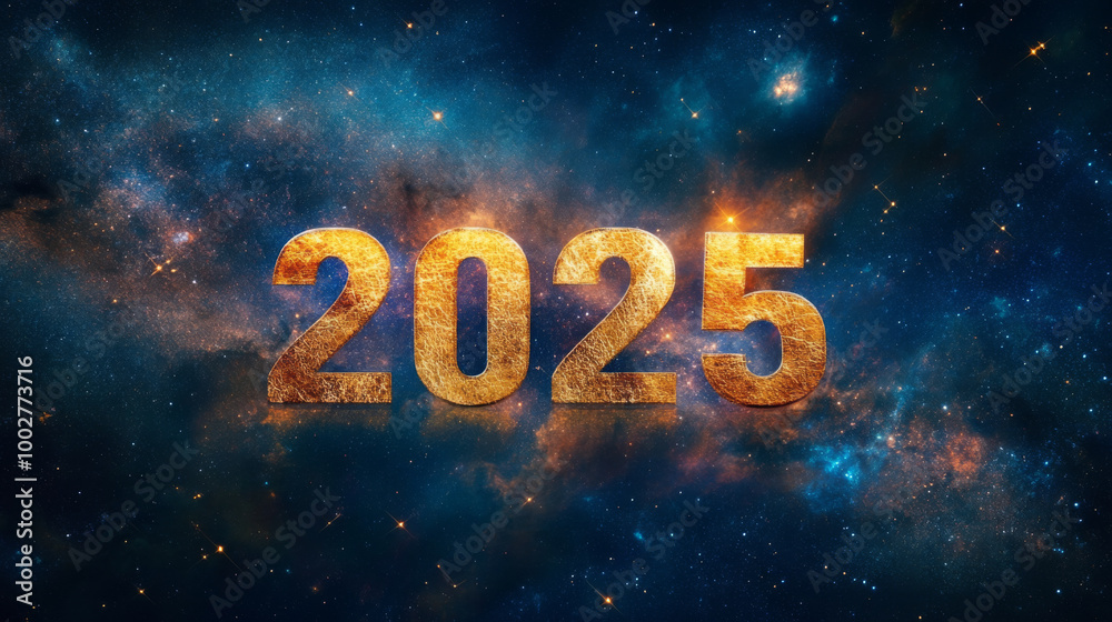 Golden New Year 2025 in space with dark galaxy background Golden New Year 2025 in space with dark galaxy background