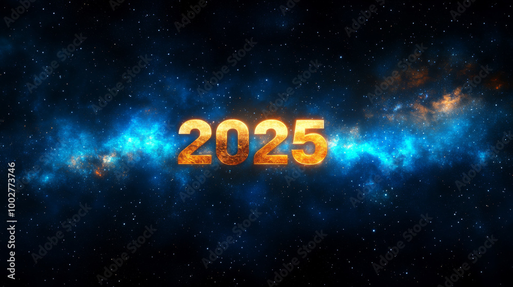The year 2025 in glowing orange digits against starry cosmic background The year 2025 in glowing orange digits against starry cosmic background