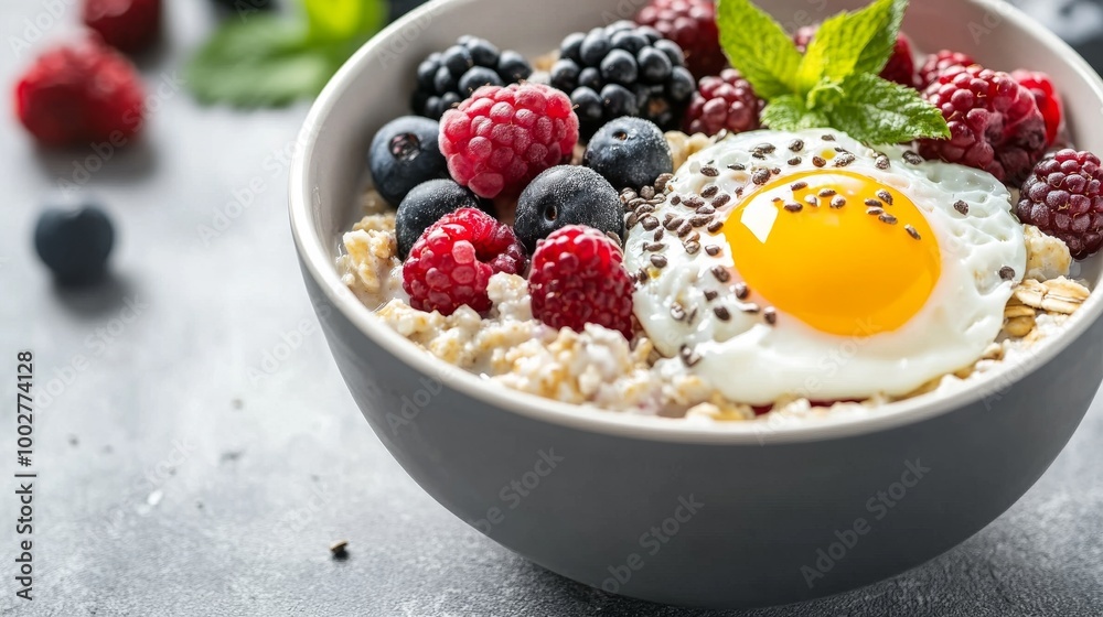 A bowl of oatmeal, berries, milk, and an egg on a gray surface. Perfect for a healthy breakfast or lunch! A bowl of oatmeal, berries, milk, and an egg on a gray surface. Perfect for a healthy breakfast or lunch!