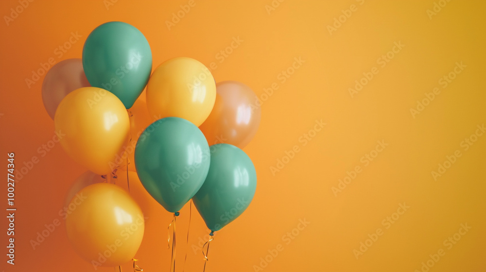 A bunch of balloons in various colors are floating on a yellow background A bunch of balloons in various colors are floating on a yellow background