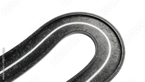 3D curved road with white lines isolated on white background.