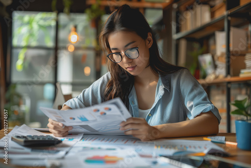 Businesswoman sitting in office analyzing financial documents with calculator and charts on table.