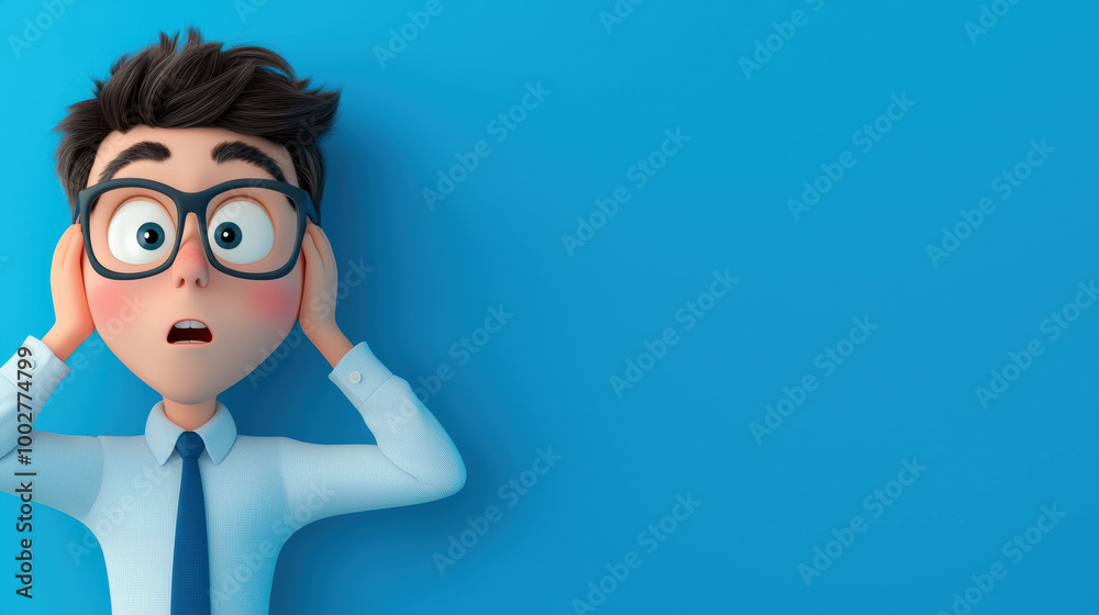 3D cartoon man holding his head in disbelief, A surprised cartoon character in glasses and a tie, expressing shock against a bright blue background. Perfect for creative projects. 3D cartoon man holding his head in disbelief, A surprised cartoon character in glasses and a tie, expressing shock against a bright blue background. Perfect for creative projects.