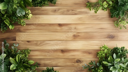 Wooden Planks With Green Leaves and Natural Vegetation In Summer Background