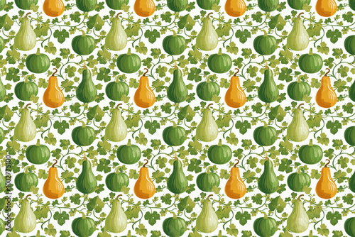 seamless pattern with pumpkins and gourd on white background. Vector illustration.