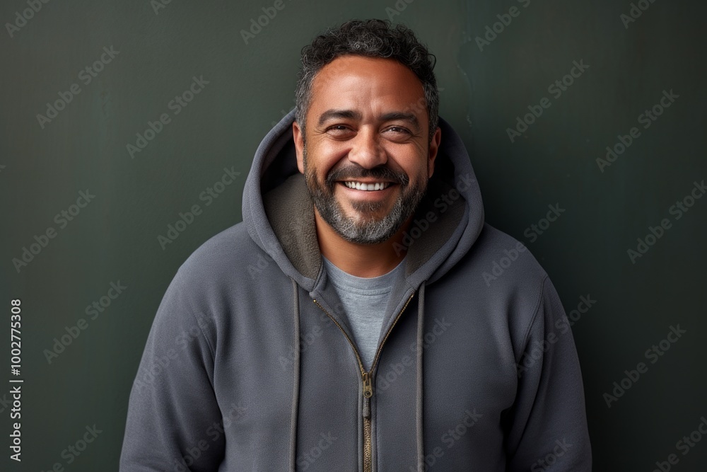 Portrait of a smiling indian man in his 50s wearing a zip-up fleece hoodie in bare concrete or plaster wall Portrait of a smiling indian man in his 50s wearing a zip-up fleece hoodie in bare concrete or plaster wall
