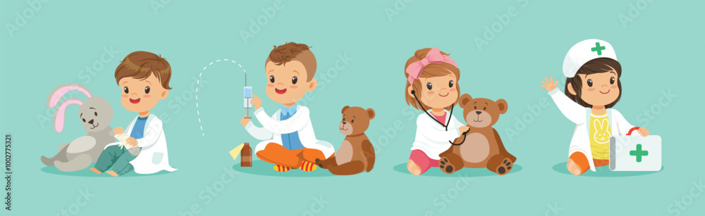 Adorable Kids Playing Doctor in Hospital Costume Vector Set Adorable Kids Playing Doctor in Hospital Costume Vector Set