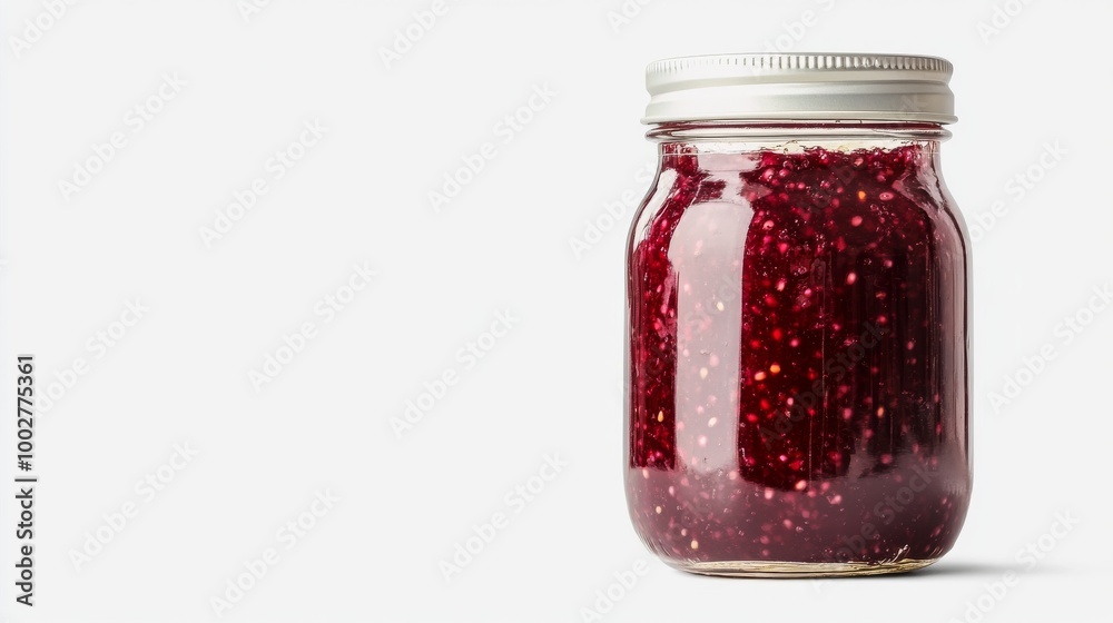 A clear glass jar filled with red plum jam sits against a white backdrop. A clear glass jar filled with red plum jam sits against a white backdrop.