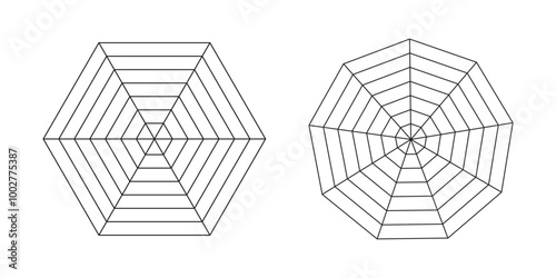 Hexagon and enneagon radar, spider diagram templates. Spider mesh. Polygon graphs. Diagram for statistic and analytic. Blank radar charts. Coaching tool. Grid black with segments. 