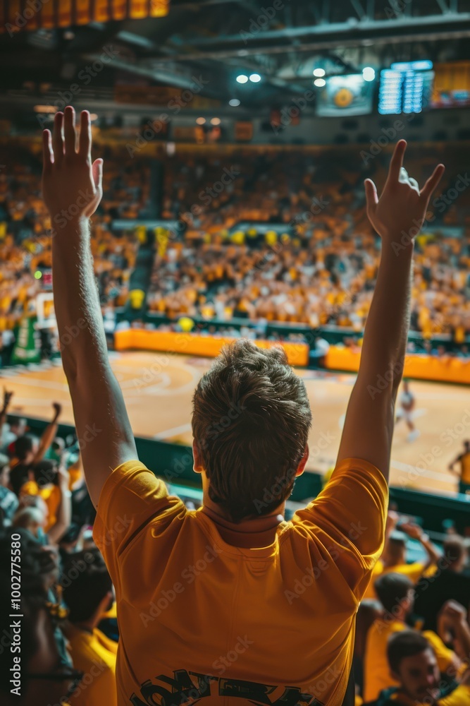 Fototapeta premium Basketball player suspended in mid-air, arms raised in celebration, surrounded by cheering crowd in large stadium. High-energy sports event captured in high-resolution photo.