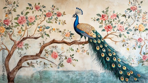 Ornate Peacock on Floral Branch, Vintage Style Decor. photo