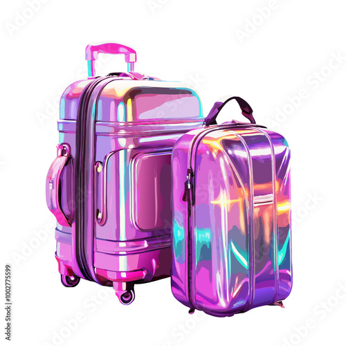 Glossy Neon Gradient Suitcases, Vibrant Travel Luggage Set on White Background