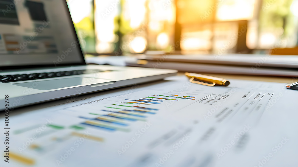 A modern workspace featuring a laptop, charts, and a pen, showcasing productivity and data analysis in a bright environment. A modern workspace featuring a laptop, charts, and a pen, showcasing productivity and data analysis in a bright environment.