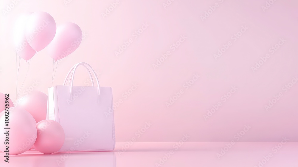 Obraz premium Pink balloons and a white bag on a pink background.Bag model, sample bag