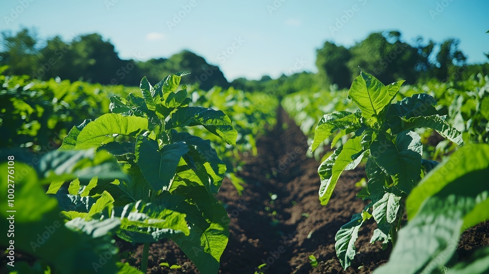 In the photo, there is an endless green field with rows of crops growing under bright sunlight and a blue sky In the photo, there is an endless green field with rows of crops growing under bright sunlight and a blue sky